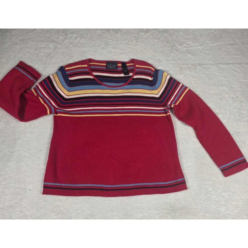 Crazy Horse Striped Sweater Womens XL Red Multi 100% Cotton Ribbed Knit Pullover